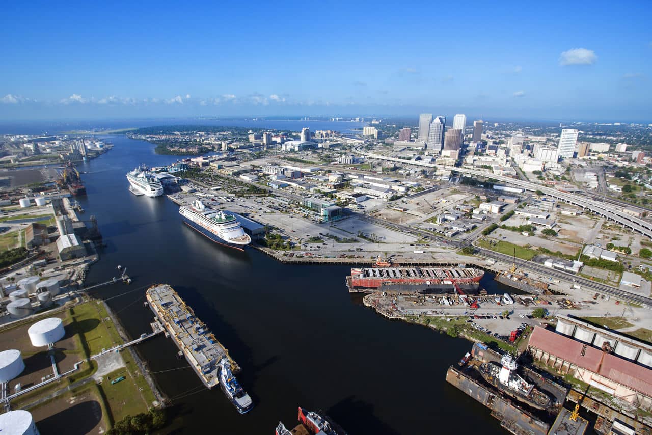 Aerial view of Tampa Bay Area, Flordia with waterway and ships.