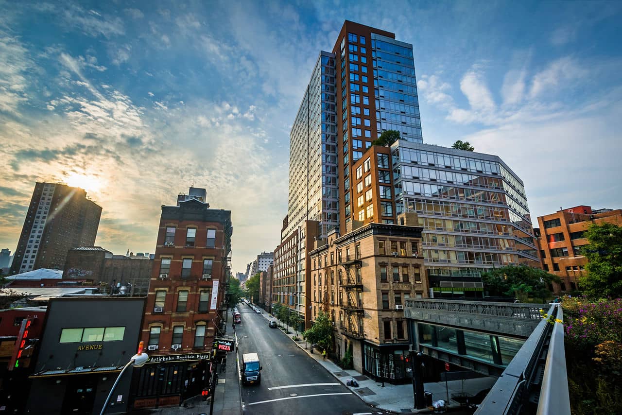 Sunrise view of buildings in West Chelsea from The High Line, in Manhattan, New York.