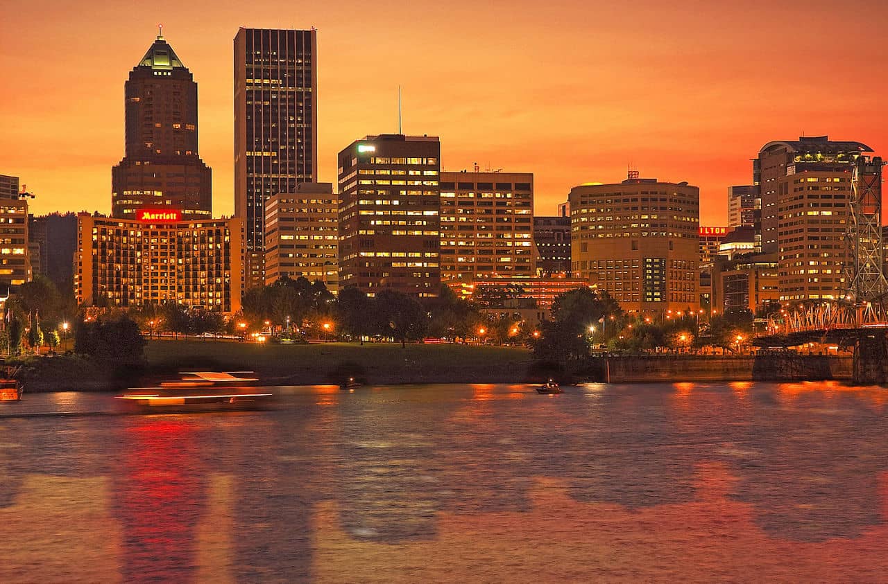 Skyline with dramatic red lights of the sky