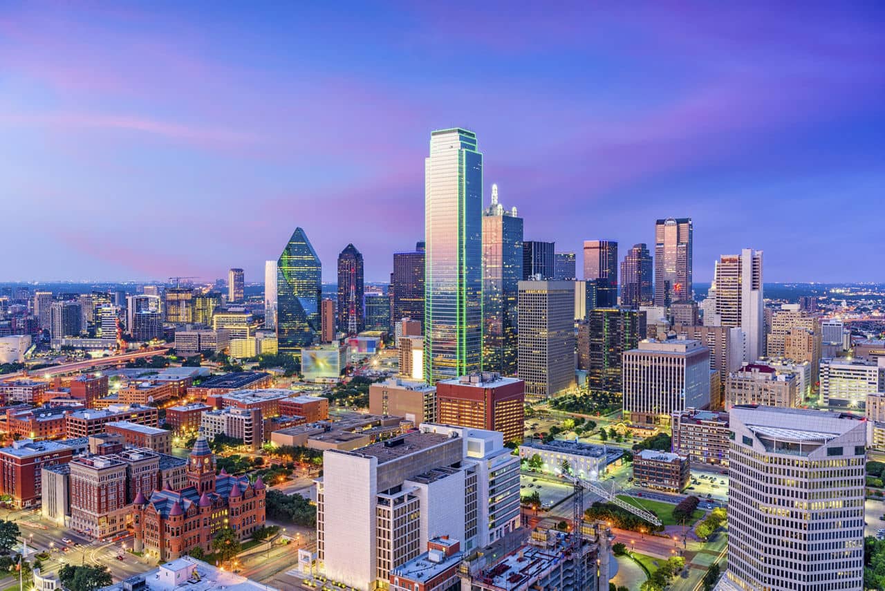 Dallas, Texas, USA downtown skyline at twilight viewed from above.