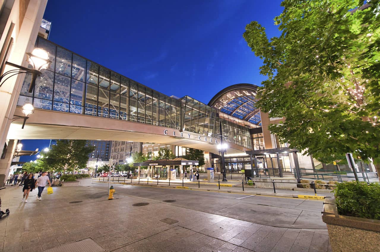 SALT LAKE CITY, UT - JULY 13, 2019: Downtown city streets at night. Salt Lake City was founded by Mormons.