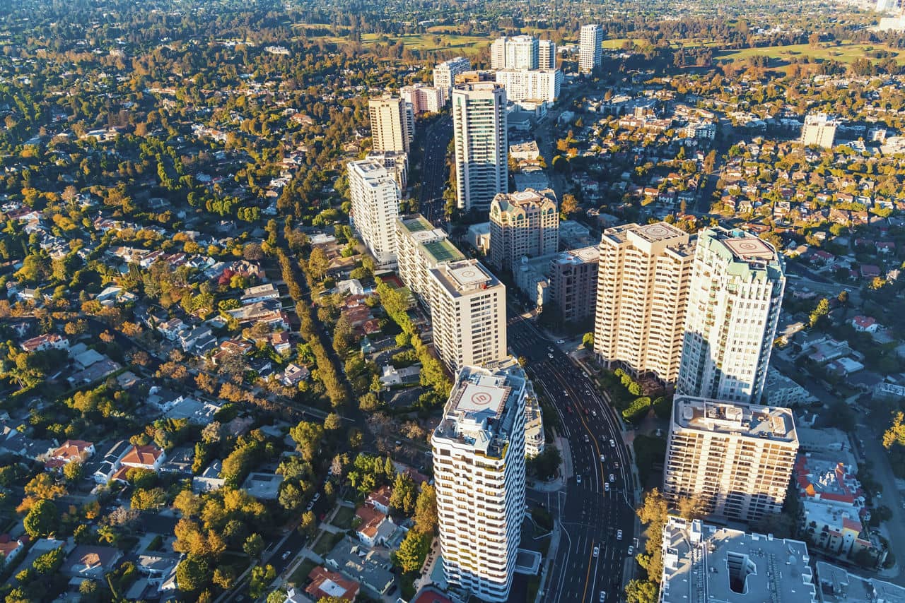 Aerial view of buildings on Wilshire Blvd in Westwood, Los Angeles, CA