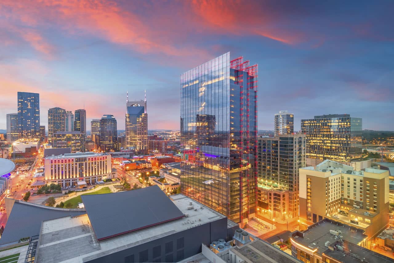 Nashville, Tennessee, USA downtown cityscape at dusk.
