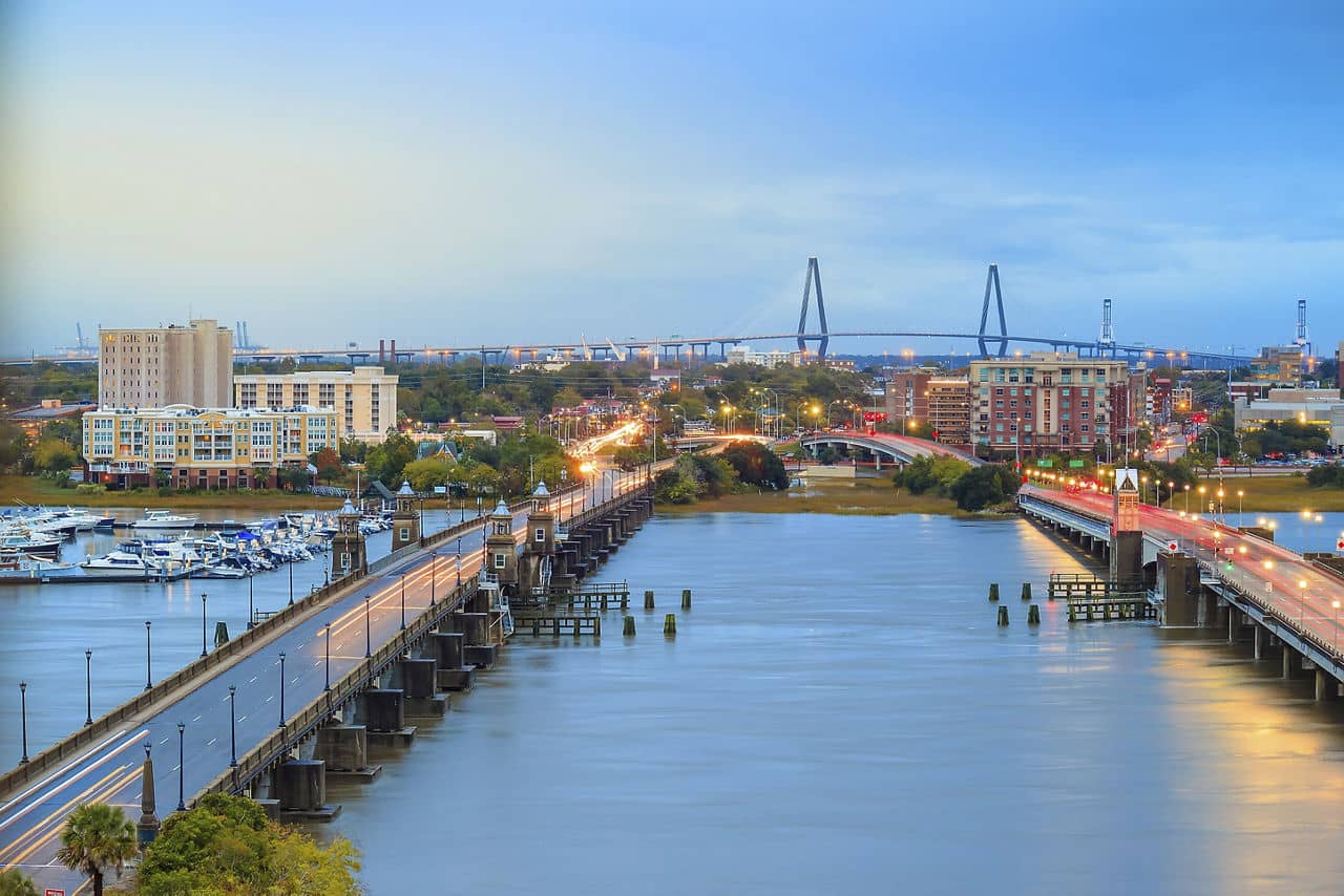 Skyline of Charleston, South Carolina, USA over the Ashley River at twilight.