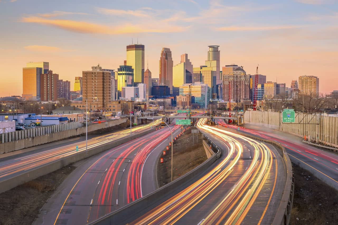 Minneapolis downtown skyline in Minnesota, USA at sunset