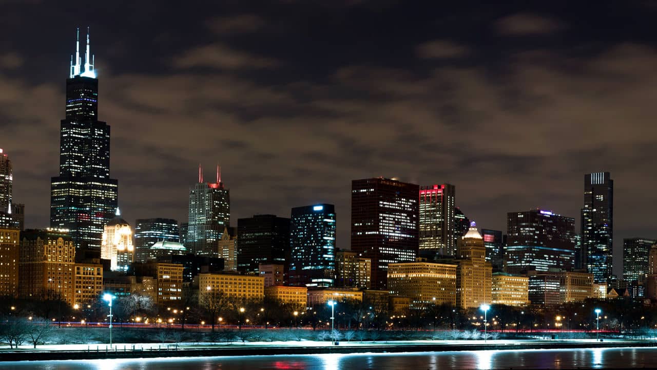 Downtown Chicago Illinois Skyline at Night Time