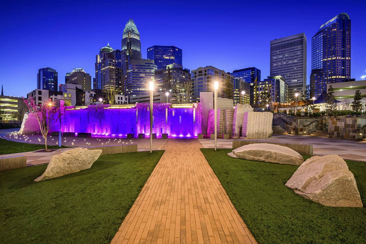 Charlotte, North Carolina, USA uptown skyline and park.