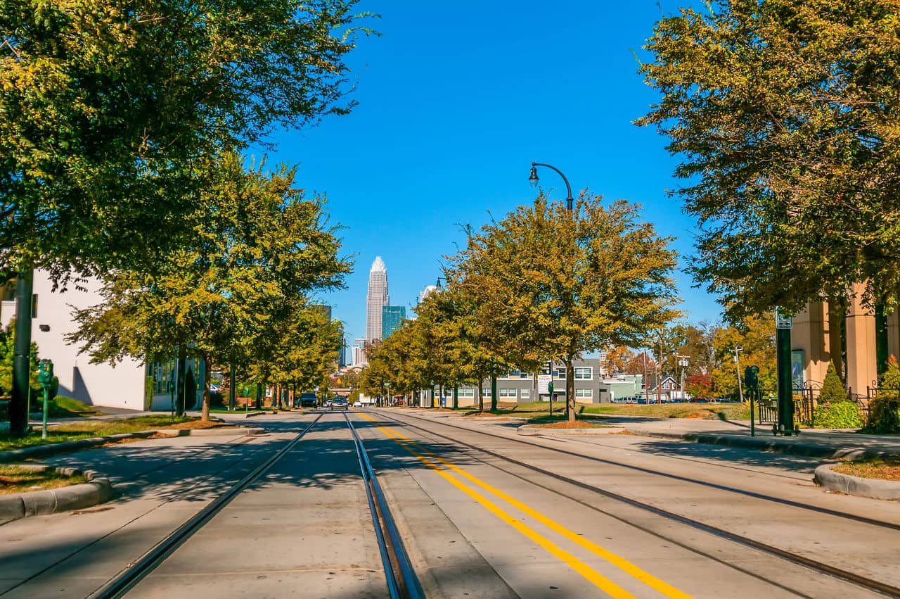 charlotte city skyline autumn season with blue sky