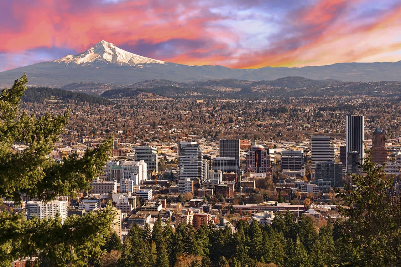 Sunrise View of Portland, Oregon from Pittock Mansion.