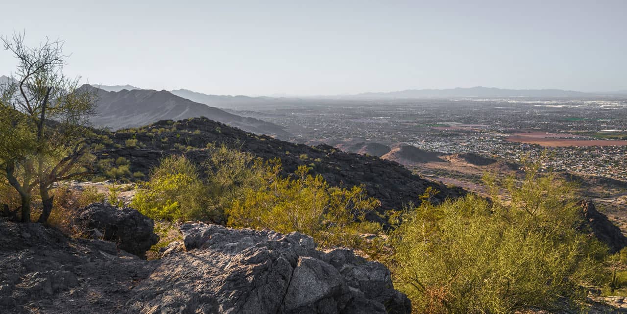 View of Ahwatukee neighborhood from South Mountain Park trail overlooking Phoenix metro valley - Ahwatukee Arizona desert hiking