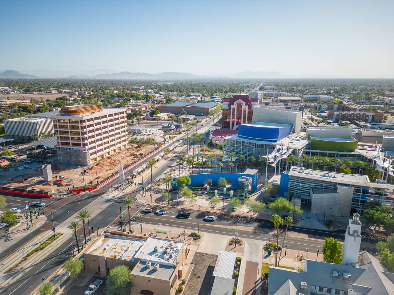 Downtown Mesa Arizona aerial view with city center, performing arts venue, palm tree lined streets and mountain views - Mesa AZ urban core