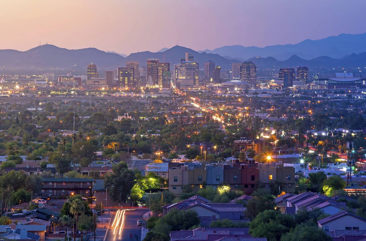 Top view of downtown Phoenix Arizona at sunset in USA