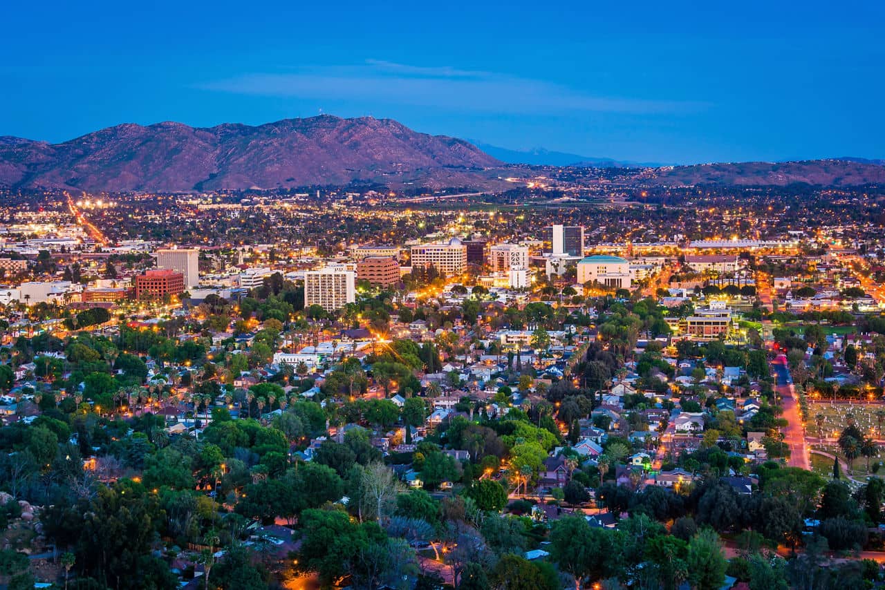 Twilight view of the city of Riverside, from Mount Rubidoux Park, in Riverside, California.