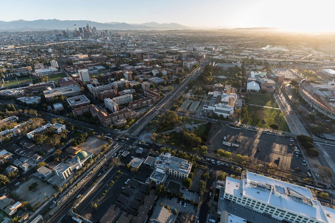 Aerial of downtown South Park, California showcasing urban landscape at sunset