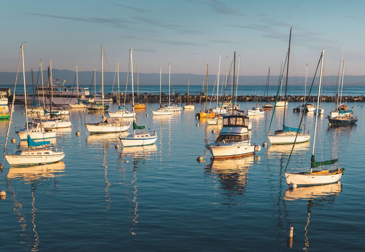 Boats gently floating in a calm marina in Monterey Harbor, with clear blue water and a peaceful sky in the background.