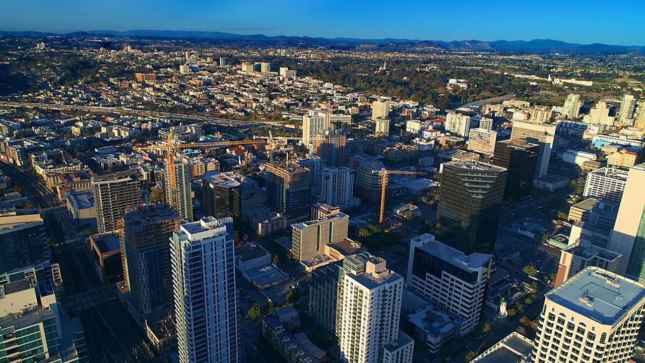 Stunning aerial view of bankers hill and little Italy district downtown San Diego