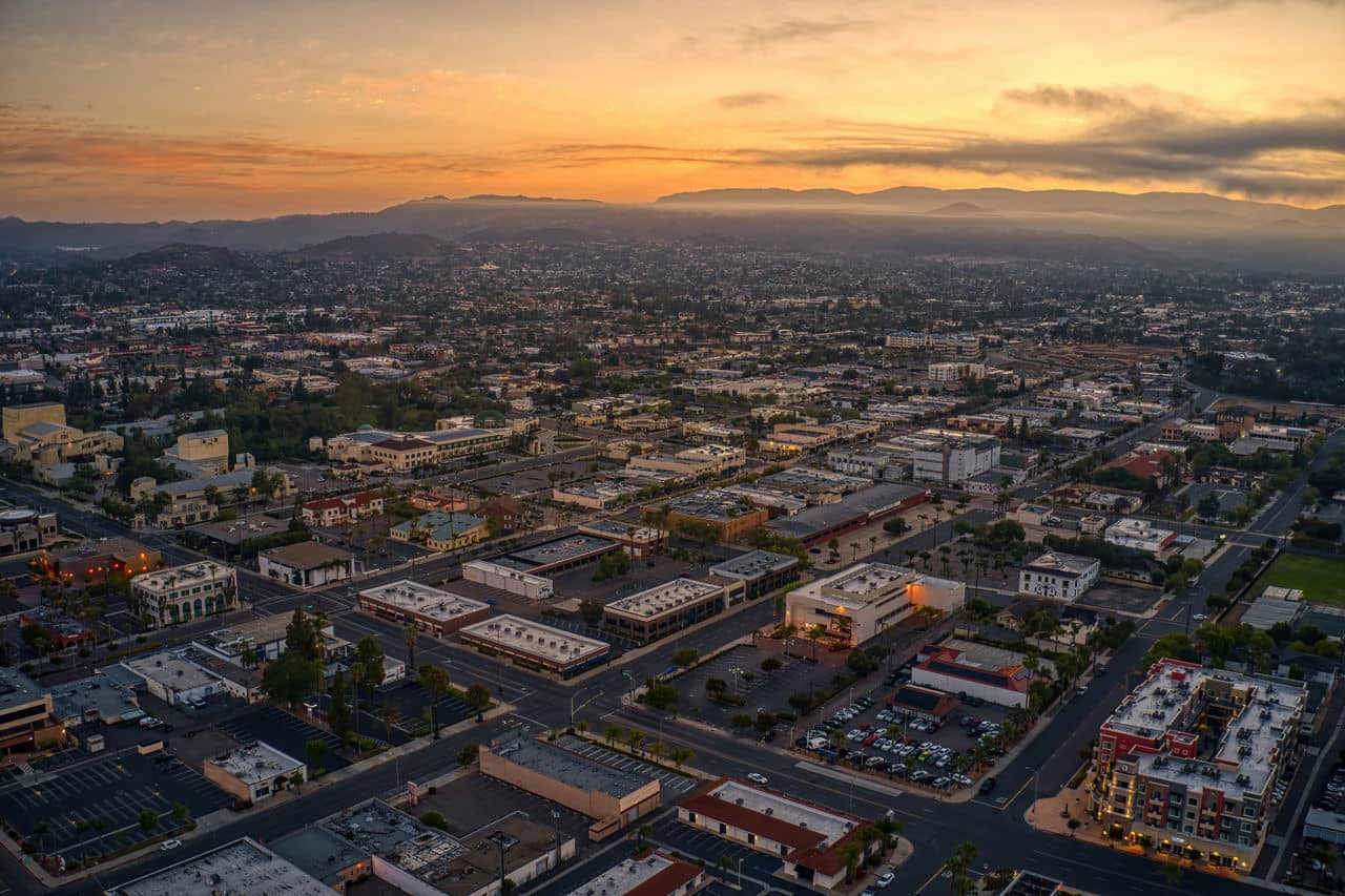 Aerial view of Escondido, California highlighting urban landscape at sunset