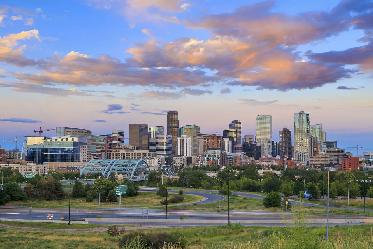 Panorama of Denver skyline long exposure at twilight.