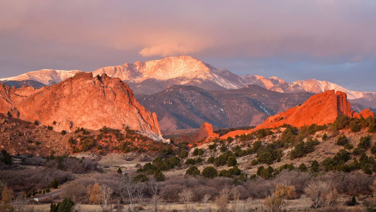 Sunrise at Garden of the Gods Rock Formation in Colorado.