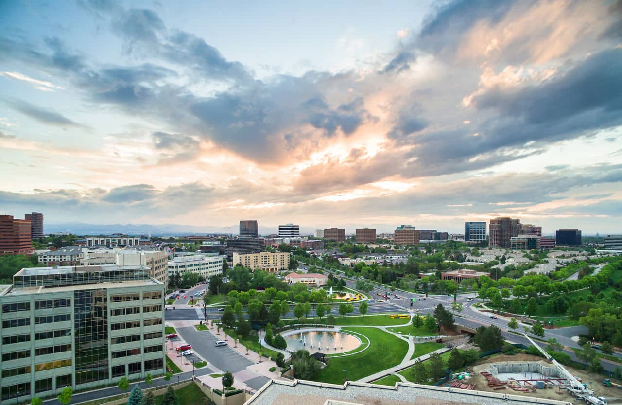 Denver, Colorado, USA-June 5, 2015. Aerial view of urban park in business park.