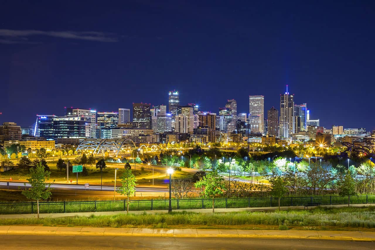 Denver downtown panorama at night, Colorado, USA