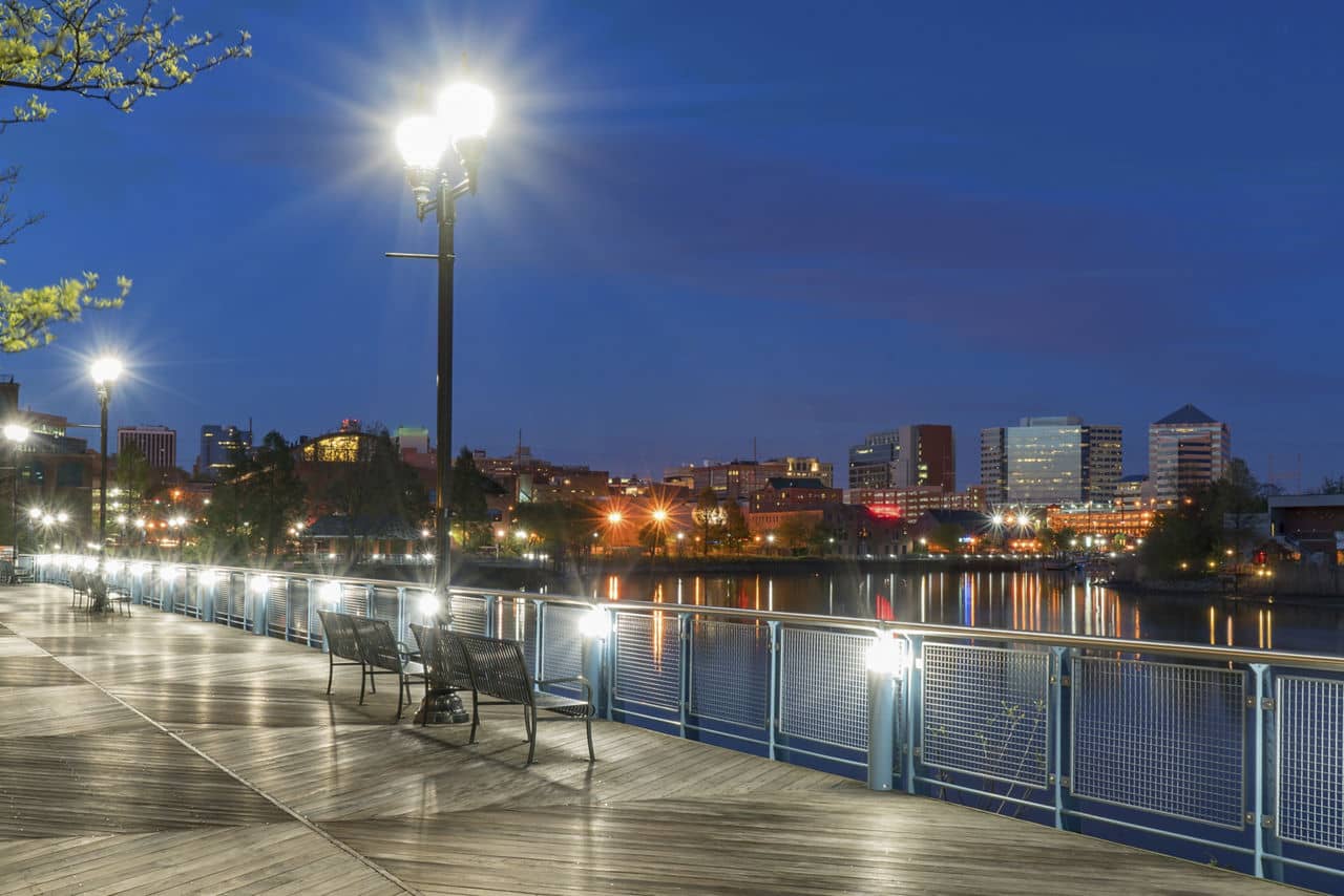 Wilmington Delaware skyline along the Riverfront at night along the Christiana River