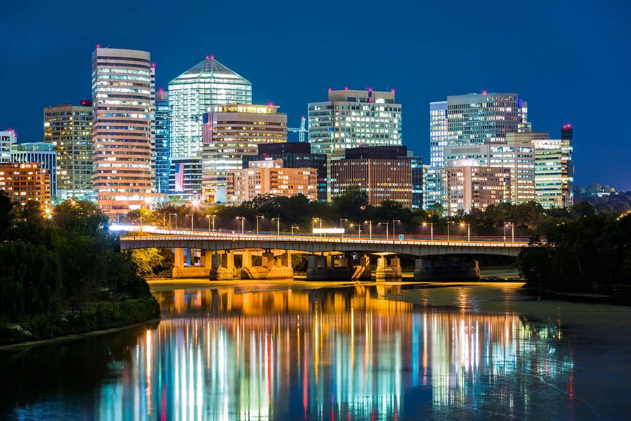 Rosslyn district skyline connected to  Washington DC through Theodore Roosevelt memorial bridge.
