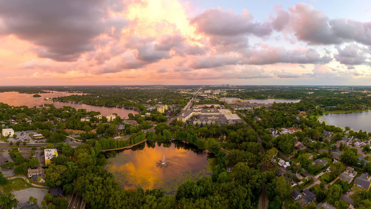 An aerial view of Maitland, Florida showcasing many lakes at sunset.