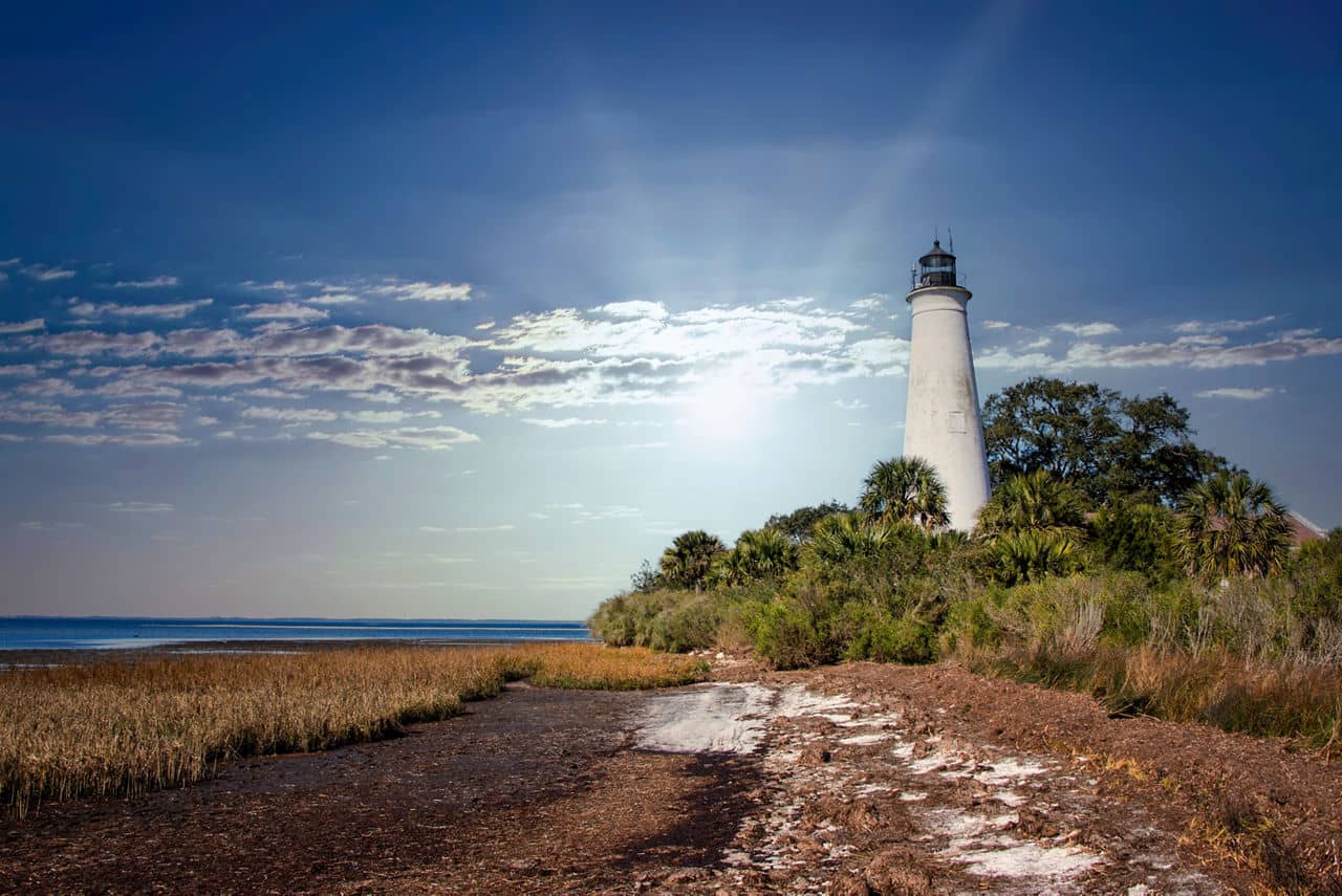 White lighthouse stands on natural coastline in Tallahassee, Florida, surrounded by palm trees and marsh grass under dramatic sky.