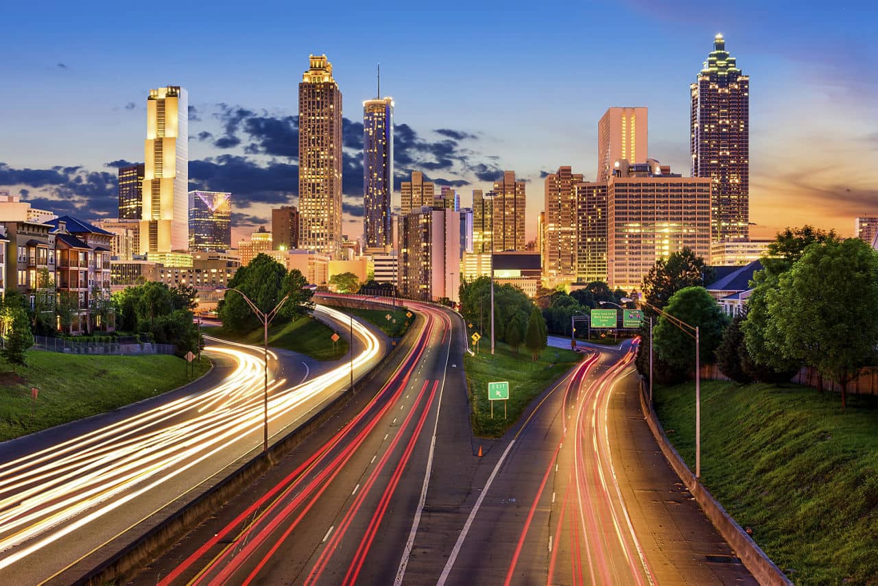 Downtown city skyline of Atlanta, GA overlooking the Freedom Parkway.