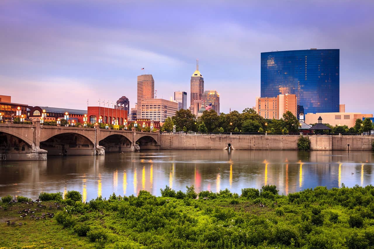 Beautiful view of Indianapolis skyline and the White River at sunset