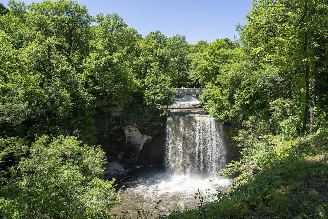 View of the upper falls of Minneopa Falls waterfall at Minneopa State Park in Mankato Minnesota