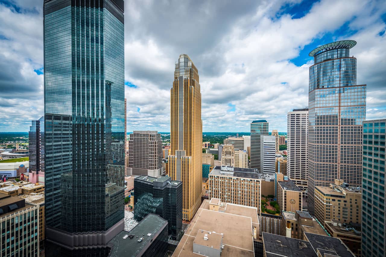 Cityscape of downtown Minneapolis Minnesota and surrounding urban during a sunny day