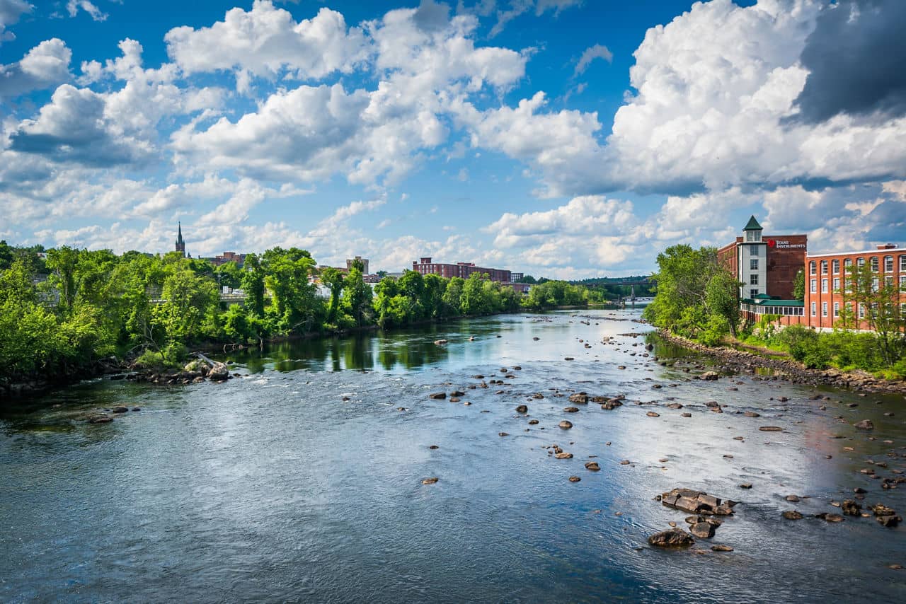 View of the Merrimack River, in downtown Manchester, New Hampshire.