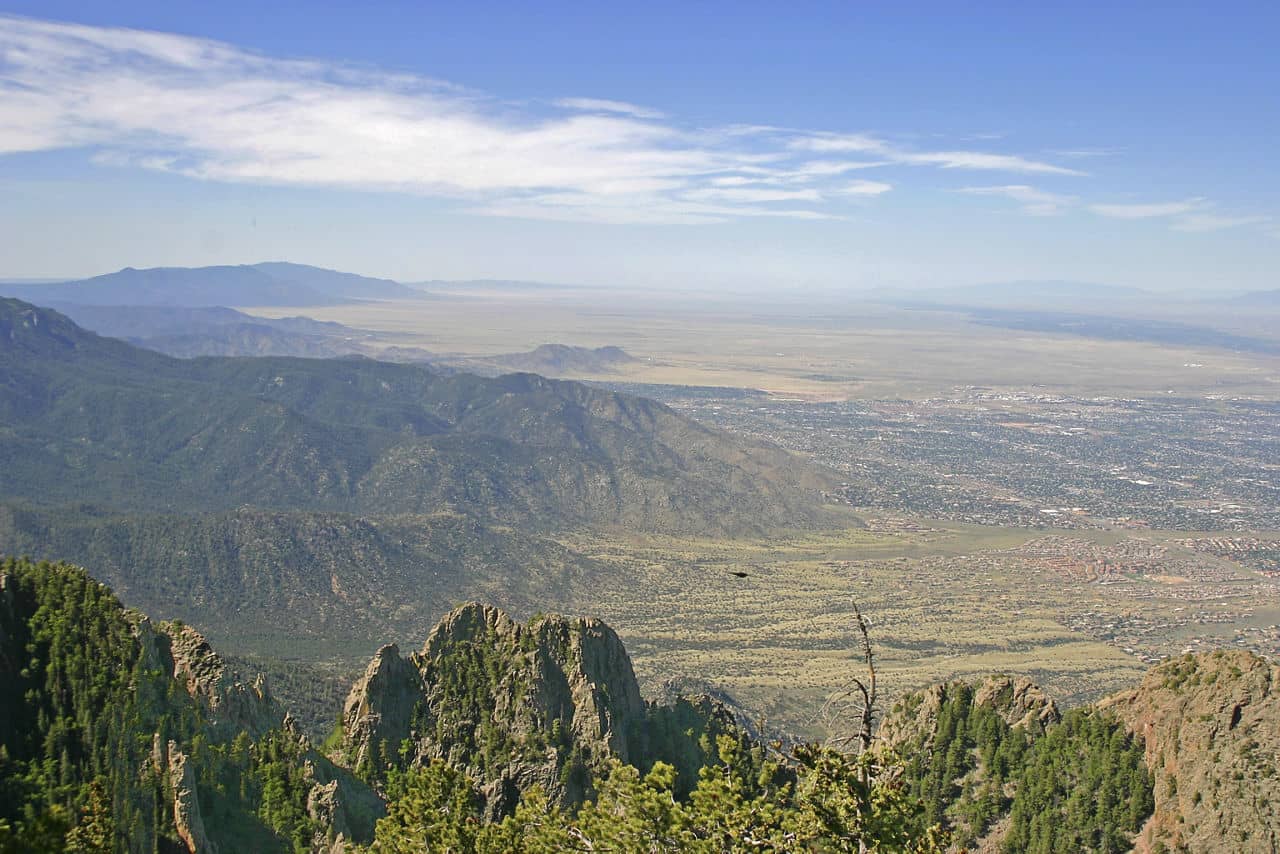 Aerial view of the Manzano and Sandia mountains and part of Albuquerque, New Mexico