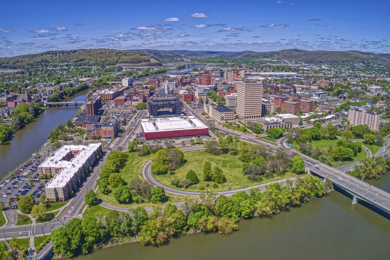 Aerial view of Binghamton, NY at the confluence of the Susquehanna and Chenango Rivers