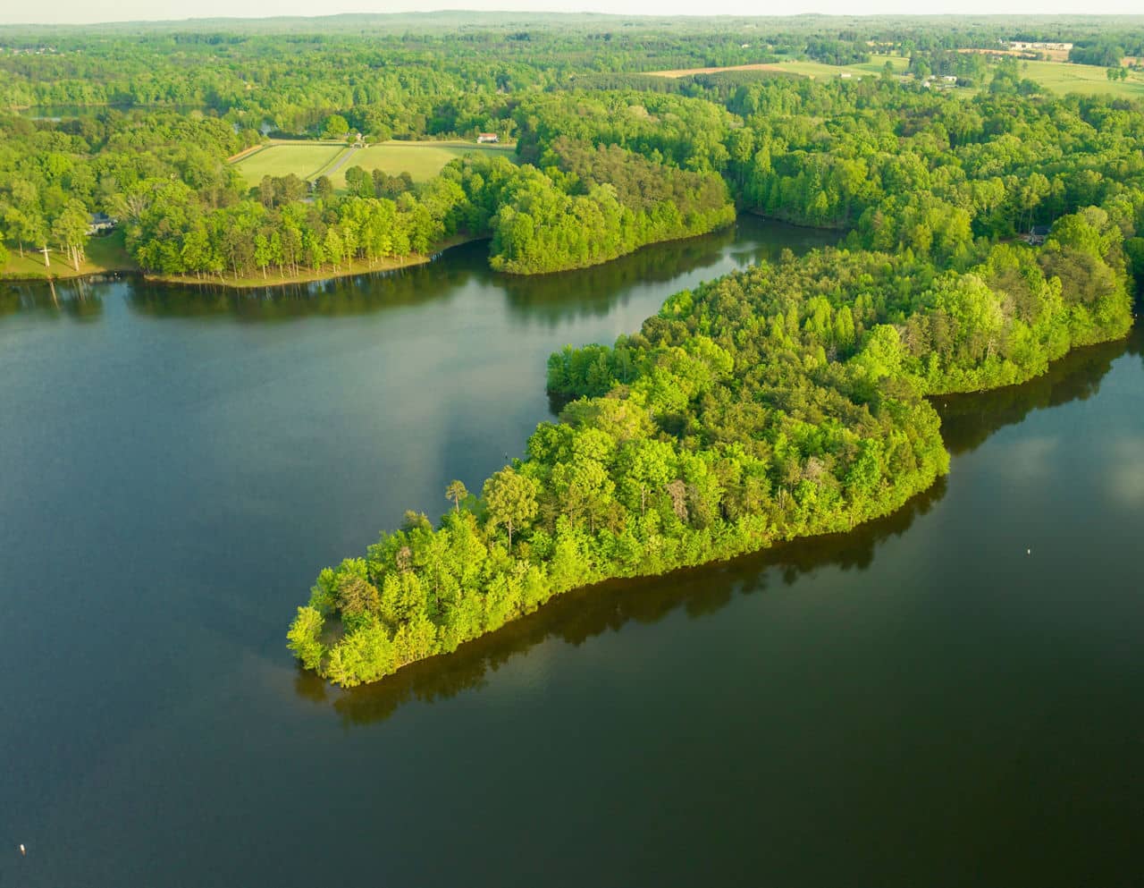 Burlington NC aerial view of lake and forested landscape - Alamance County North Carolina natural living