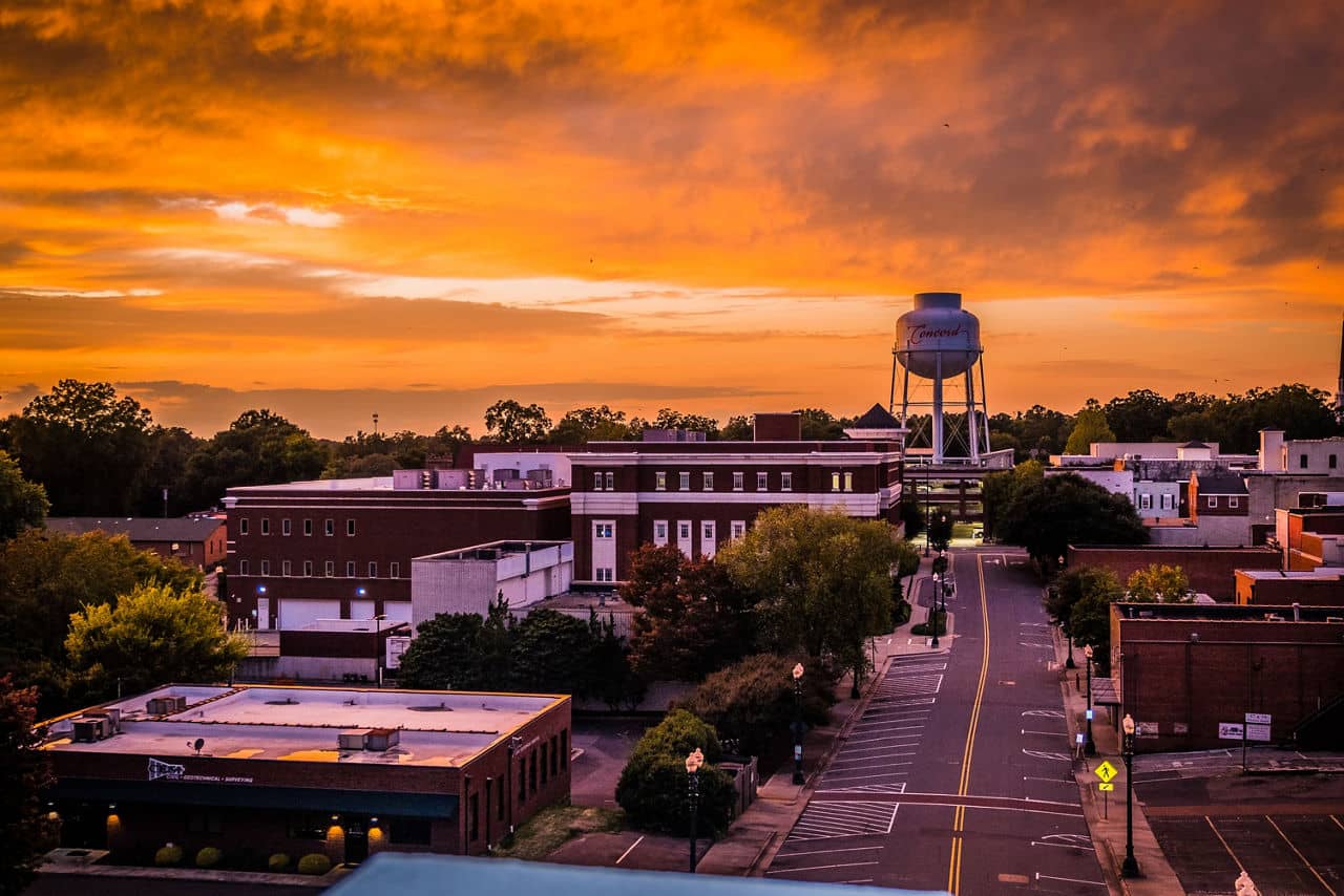 A charming view of the historic district and traditional architecture in downtown Concord, North Carolina.