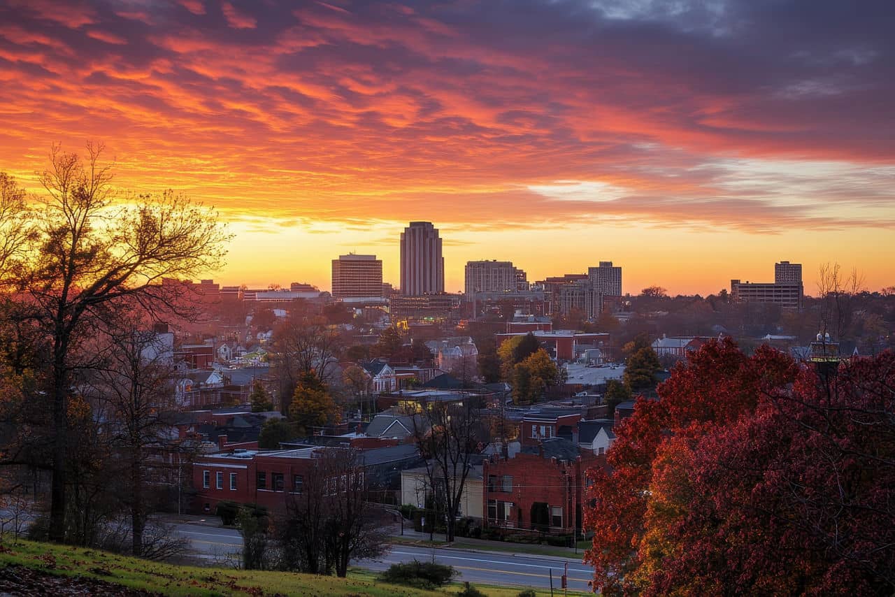 Captivating view of the Durham, North Carolina downtown skyline at sunrise, a perfect urban landscape.