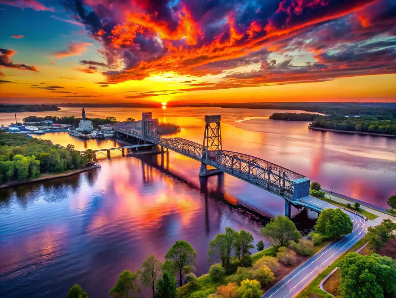 Beautiful sunset over the Cape Fear Memorial Bridge, a vital connection between Leland and Wilmington, NC.