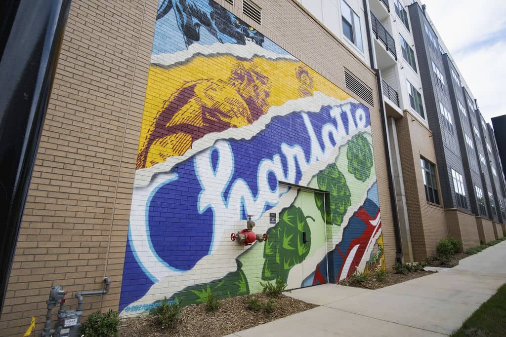 Lower South End Charlotte NC vibrant street art and modern apartments - LoSo neighborhood urban living