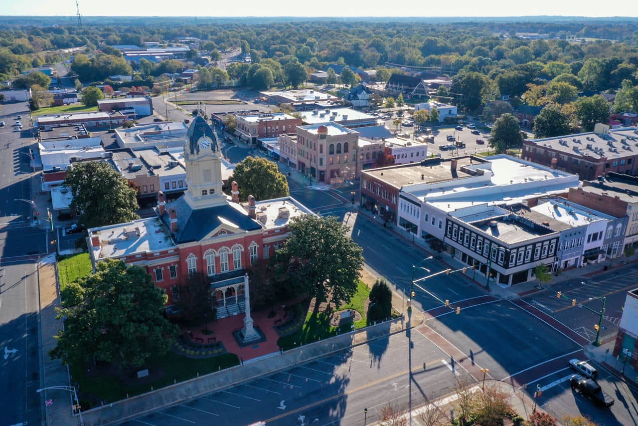 Aerial view of the historic Old Court House building, showing the back and left side, Monroe, North Carolina.