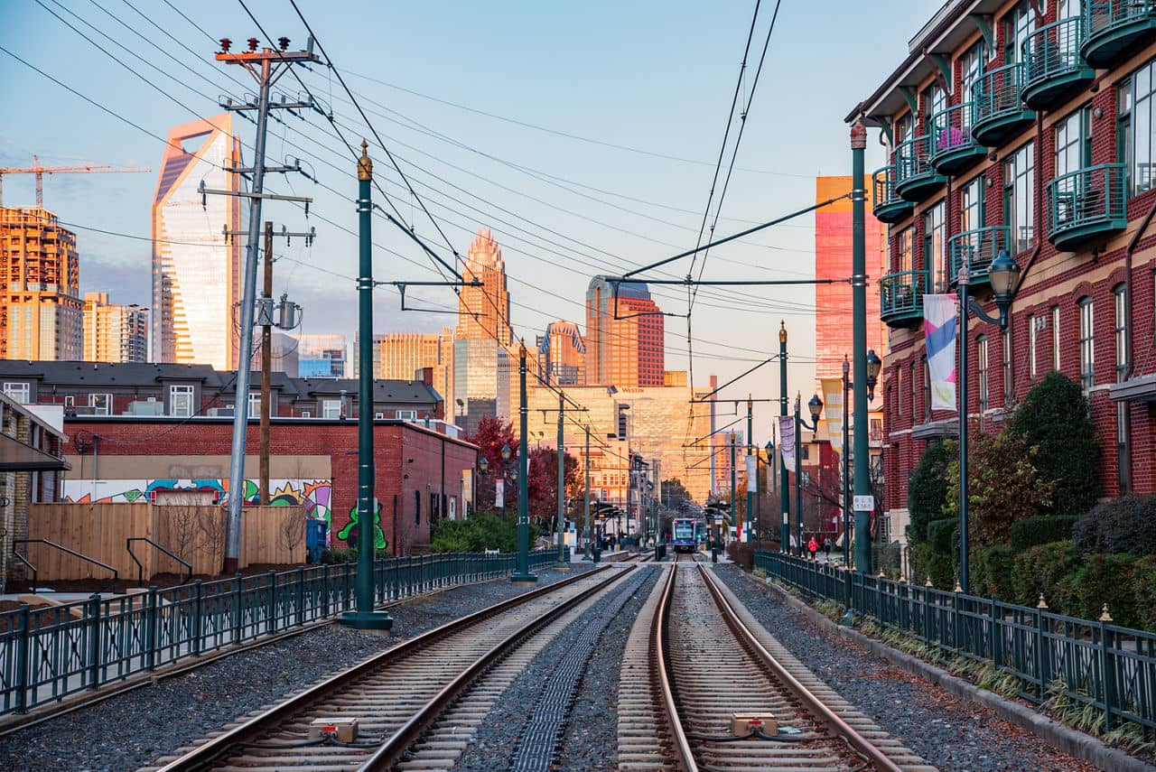 Daytime view of the downtown Charlotte, North Carolina skyline and commercial buildings from the revitalized South End district, Charlotte, North Carolina.