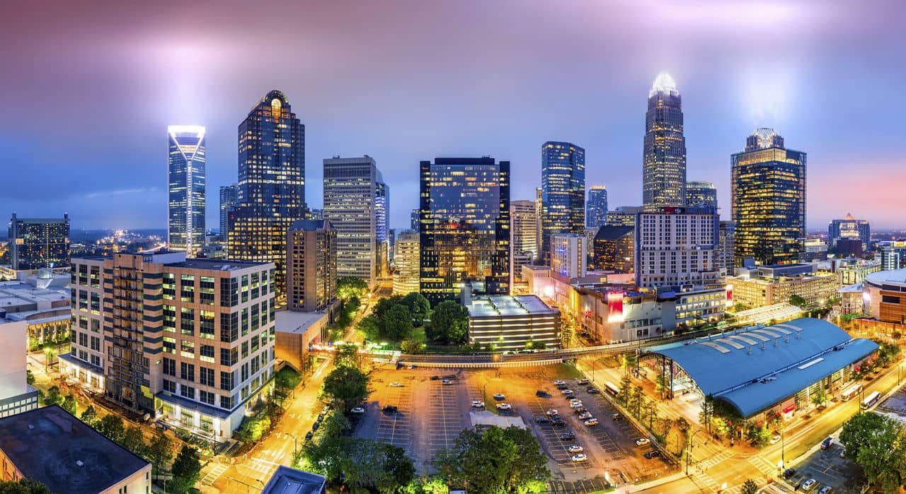 Aerial view of Charlotte, NC skyline on a foggy evening. Charlotteis the largest city in the state of North Carolina and the 17th-largest city in the United States
