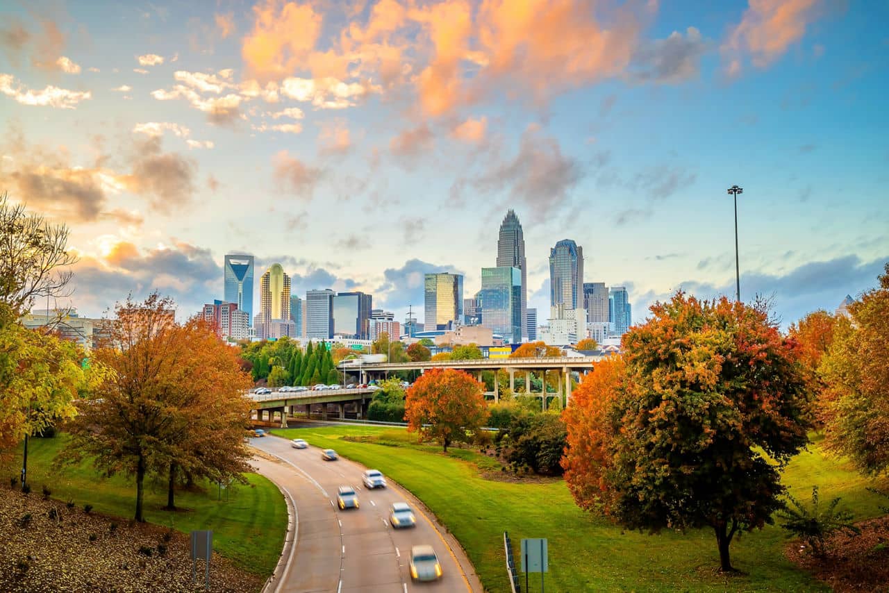 Modern skyscrapers create the vibrant city skyline in downtown Charlotte, North Carolina.