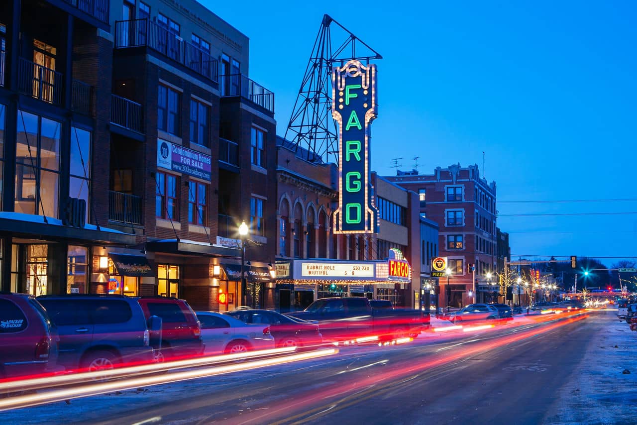 Fargo, USA - March 8 2011: Fargo main st and theater at dusk on a cold spring evening