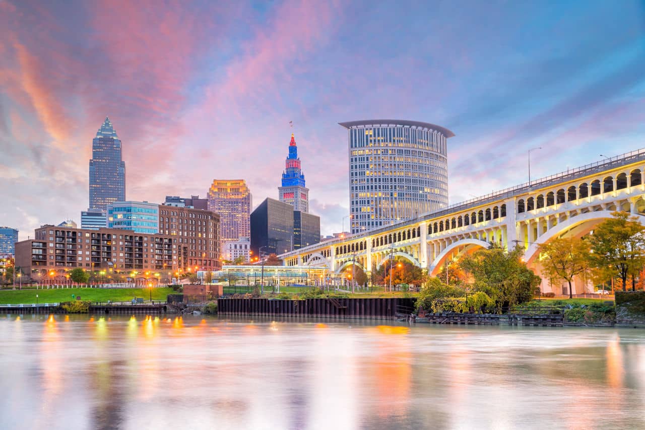 View of downtown Cleveland skyline in Ohio USA at sunset