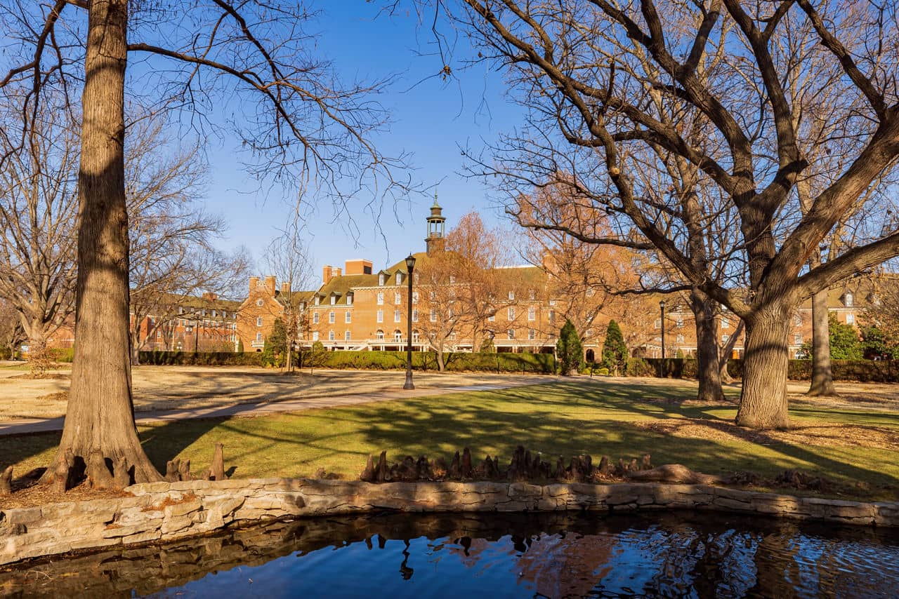 Sunny exteior view of the campus of Oklahoma State University at Oklahoma