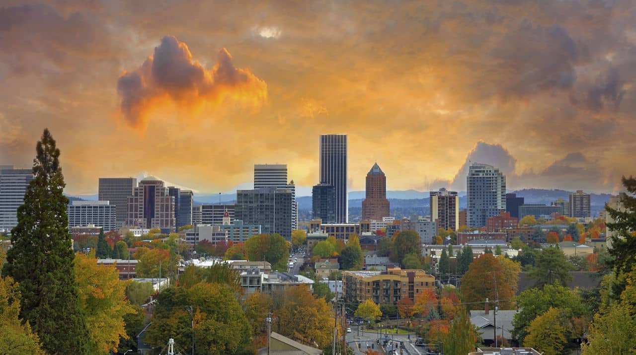Portland Oregon Downtown City During Sunset in the Fall Season