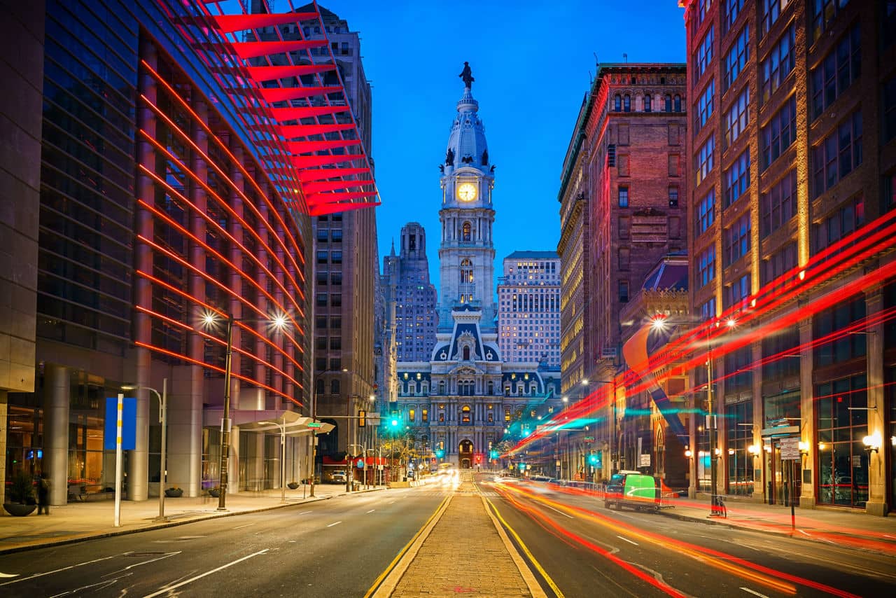 Philadelphia's historic City Hall at night
